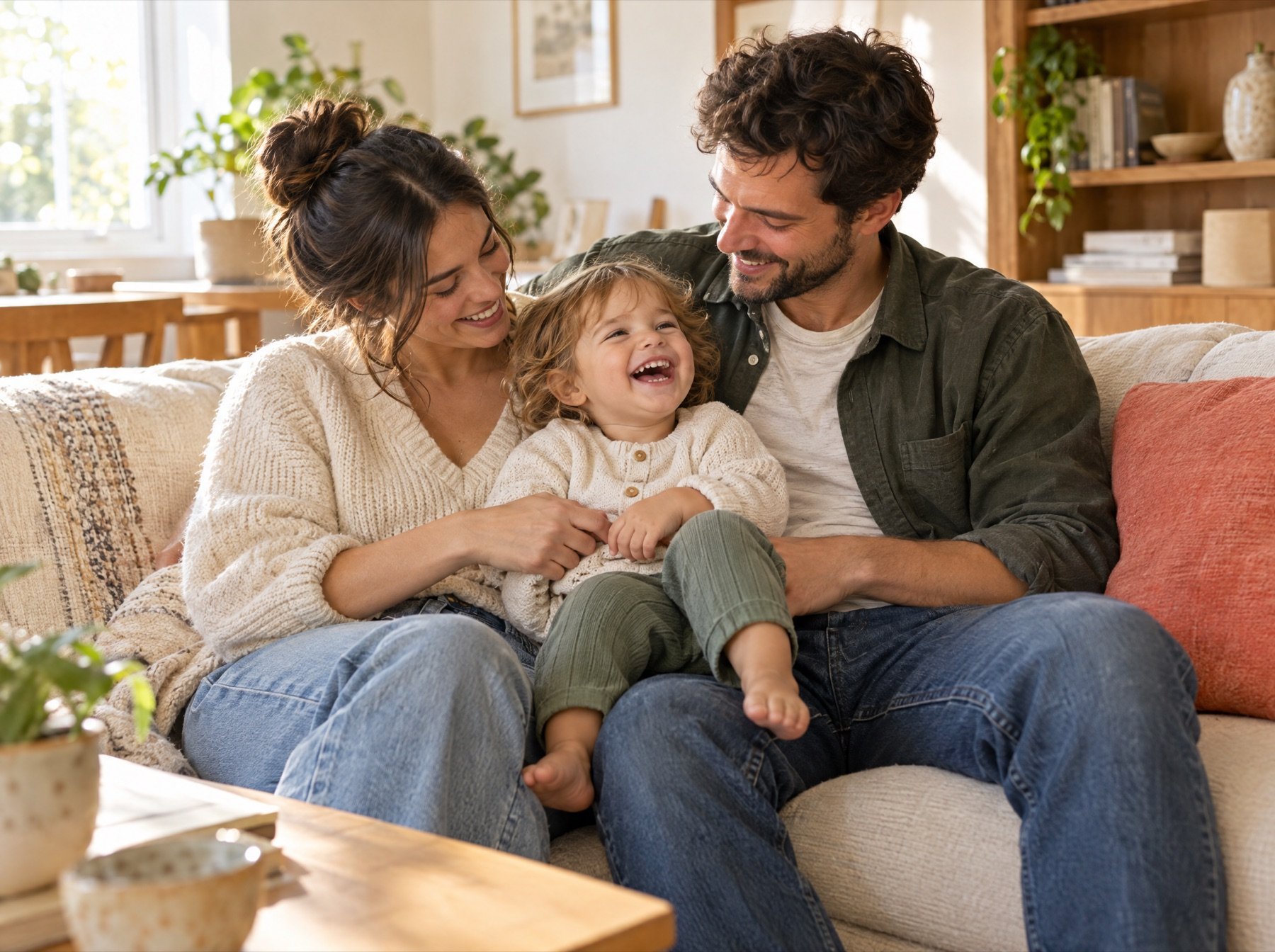 Eine junge Familie sitzt entspannt mit ihrem Kleinkind auf dem Sofa.