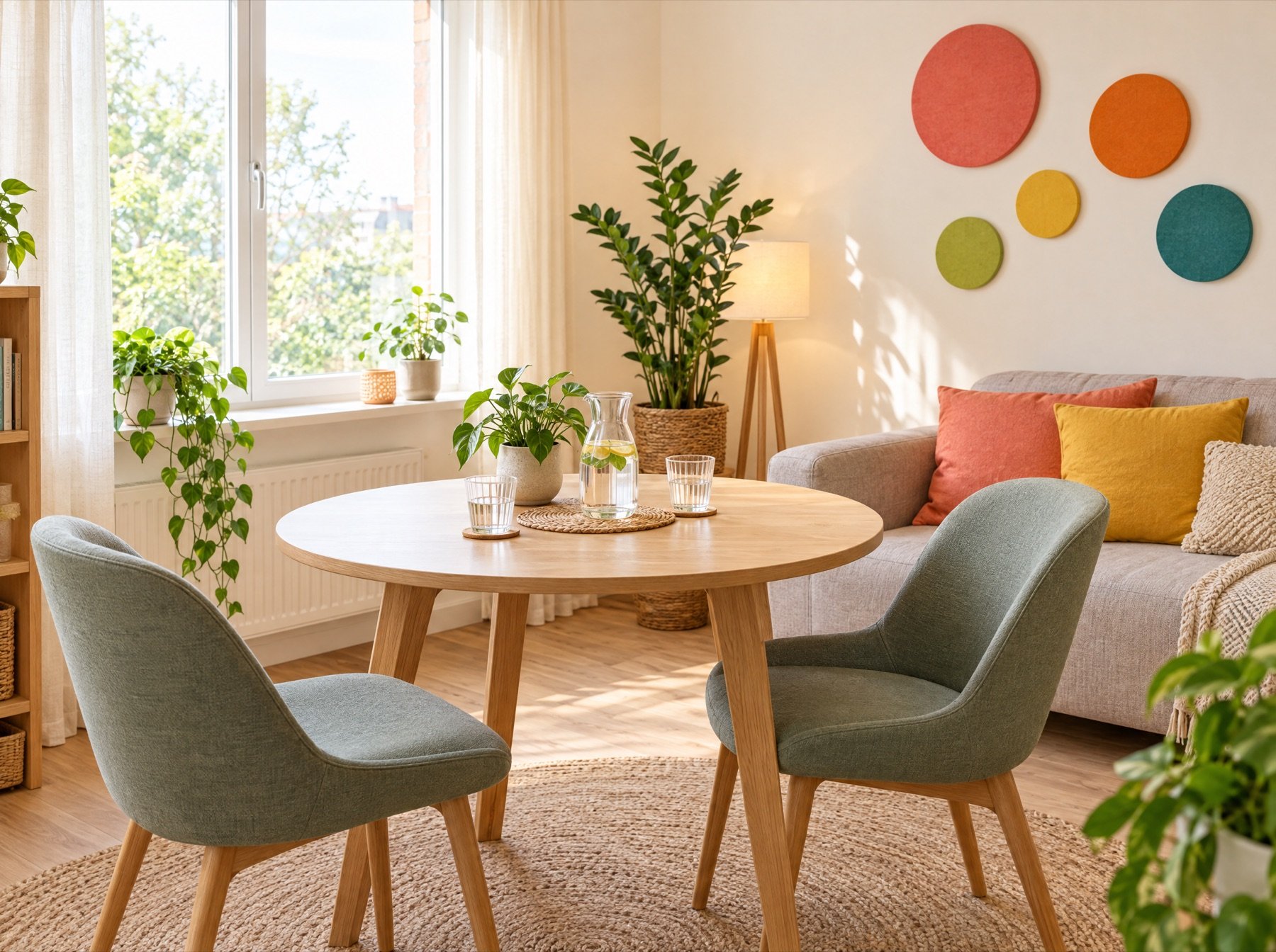 Ein heller Beratungsraum mit rundem Holztisch, Pflanzen und farbigen Kreisen an der Wand.