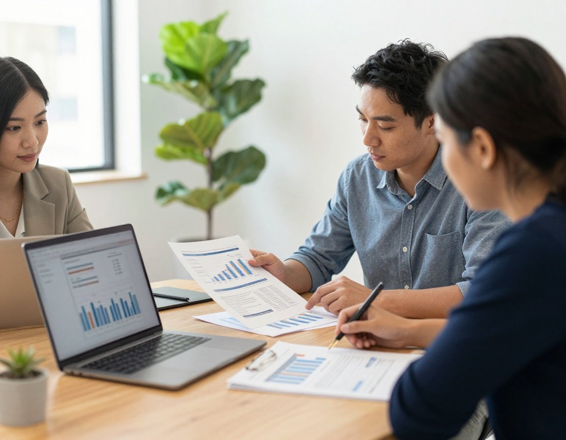 Zwei Personen prüfen einen Finanzierungsplan mit Diagrammen am Laptop.
