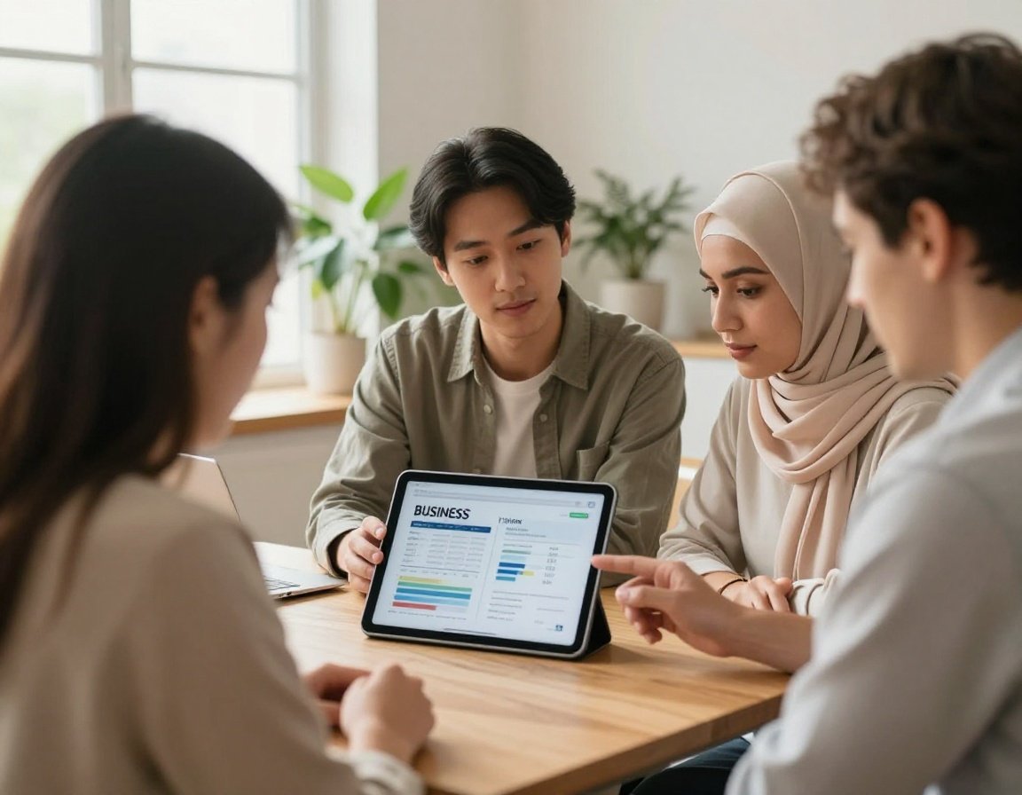 Drei Investor:innen besprechen eine Unternehmensbewertung auf einem Tablet.