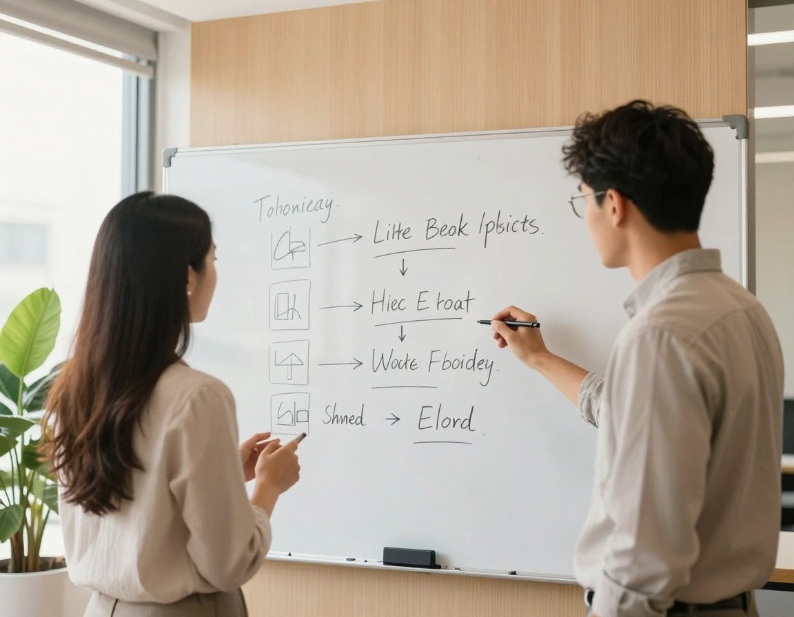 Eine Beraterin und eine Unternehmerin besprechen eine Strategie-Skizze am Whiteboard.